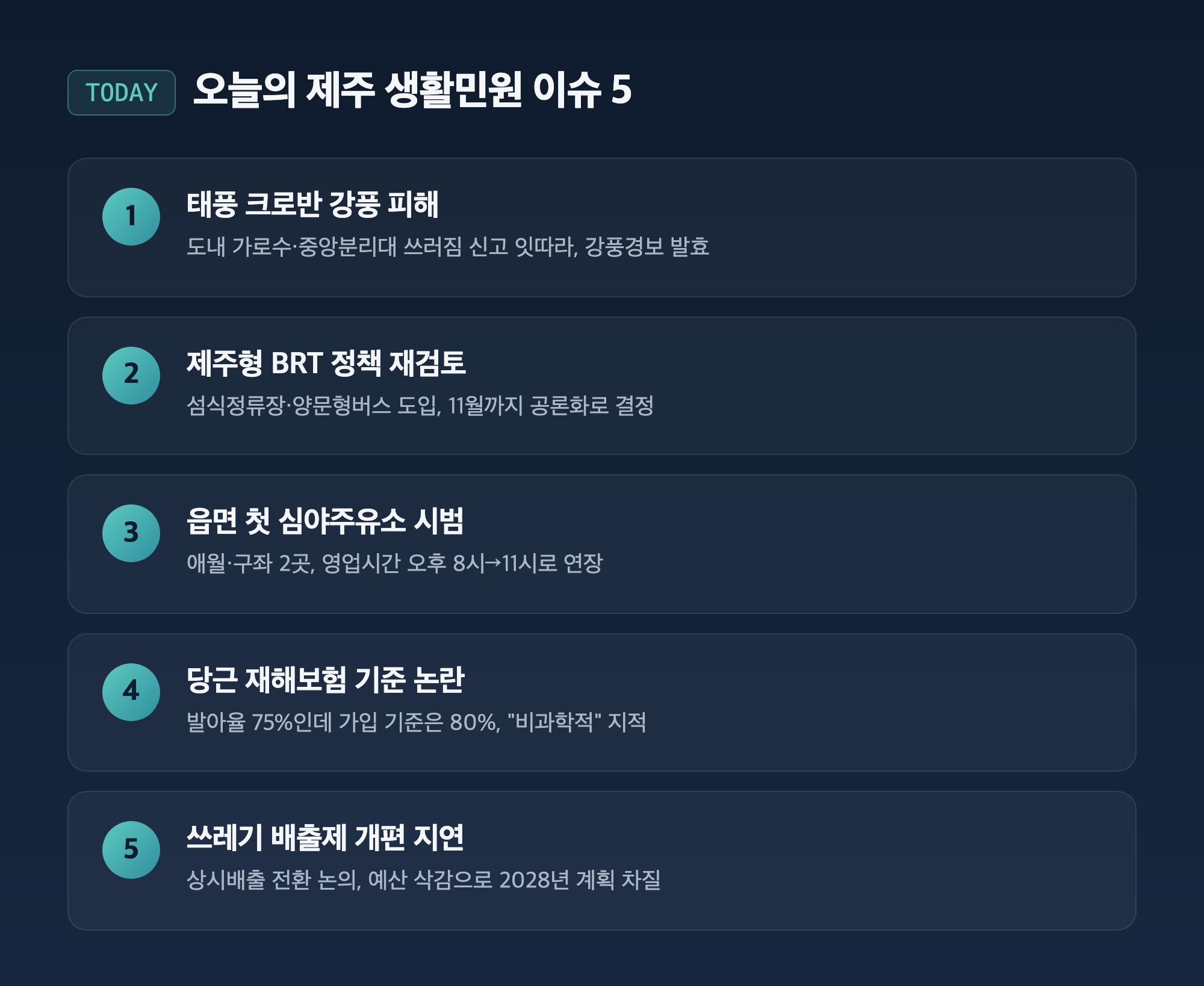 오늘의 제주 생활민원 이슈 5가지 요약 카드