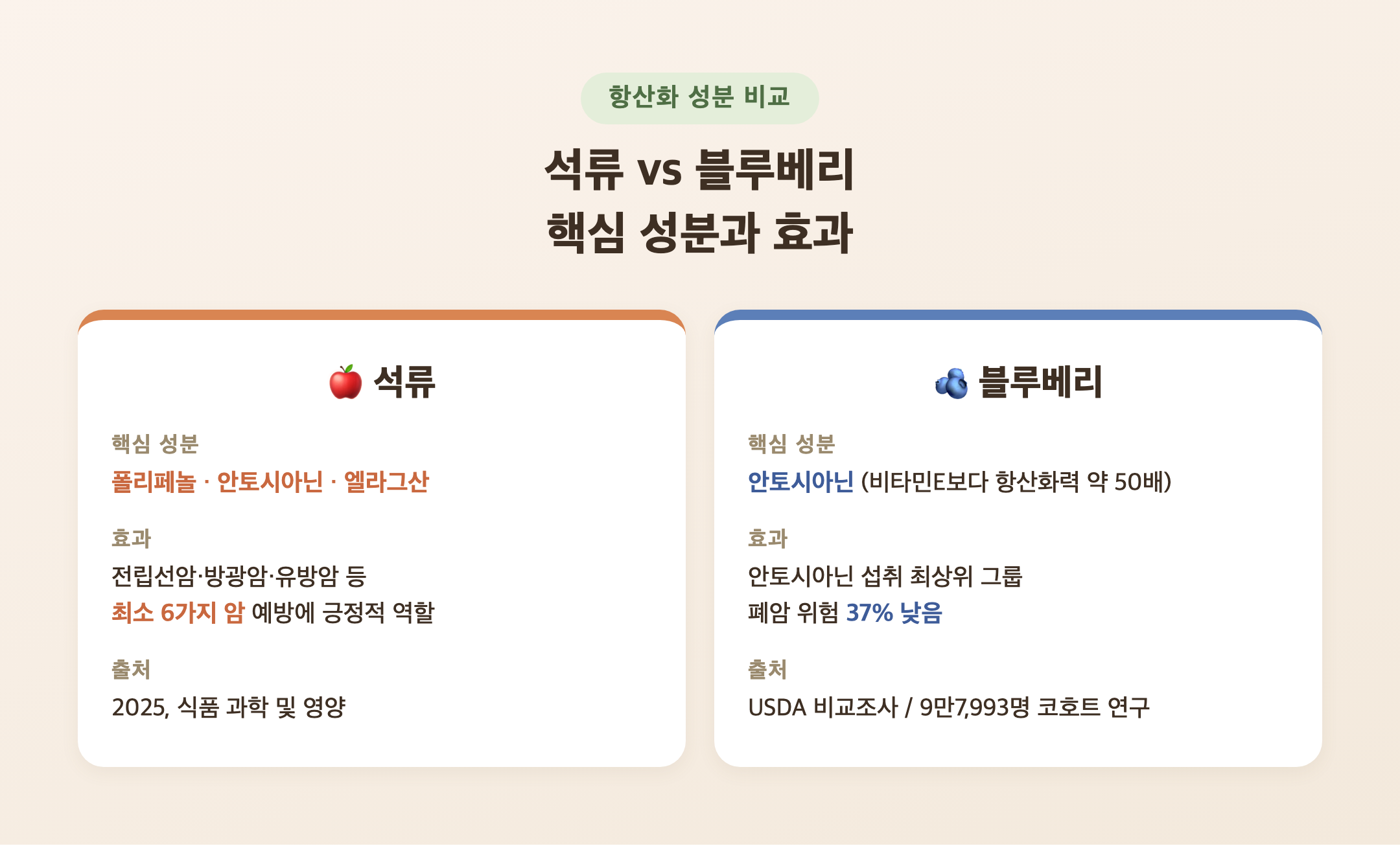 석류와 블루베리에 들어 있는 폴리페놀·안토시아닌 성분을 비교한 그래픽